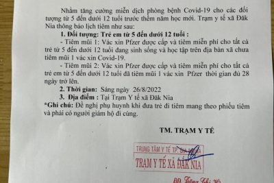 THÔNG BÁO LỊCH TIÊM VẮC XIN COVID-19, MŨI 1, 2 CHO HỌC SINH TỪ 5 ĐẾN DƯỚI 12 TUỔI